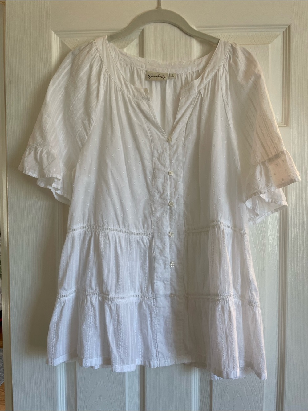 Wonderly White Button-Front Ruffle Peasant Blouse
